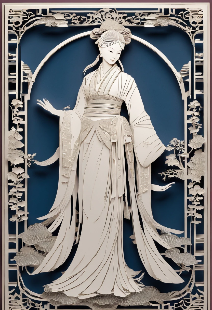 masterpiece, A Chiense woman in a hanfu, beautiful render of a fairytale, in the style of paper art, painting of beautiful, beautiful as the moon, very intricate masterpiece, painted metal, beautiful intricate masterpiece, multiple layers, Mysterious, Ancient China background, purple
