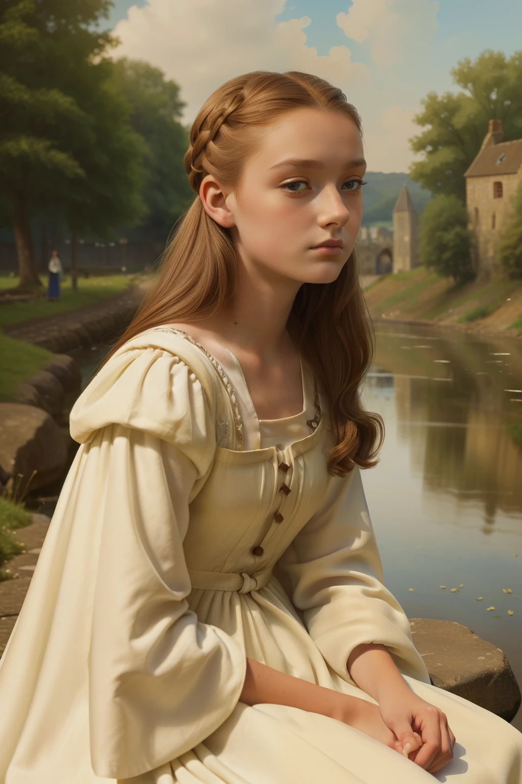 England, 1337. A young ((((20-year-old)) Caris Wooler)), attractive, expressive eyes, sitting next to the river, ((heartbreak expression)). ((((clothings from the 1300s, gown)))), ((light chestnut hairstyle of the 1300s))