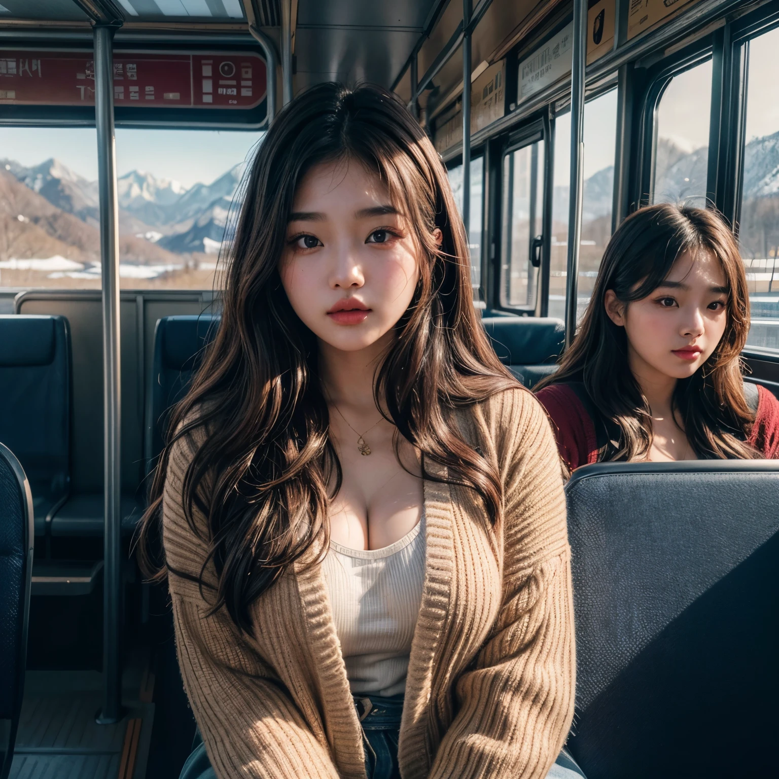 best quality,8k, Detailed facial depictions, Detailed eye description, Brown hair(long wavyhair),beautiful korean girl, 21 years old, slim body, medium breast, Sitting on the bus facing the bus window, views of the Korean mountains , wearing oversized knit cardigan , face facing out the window, focus on the view outside the window