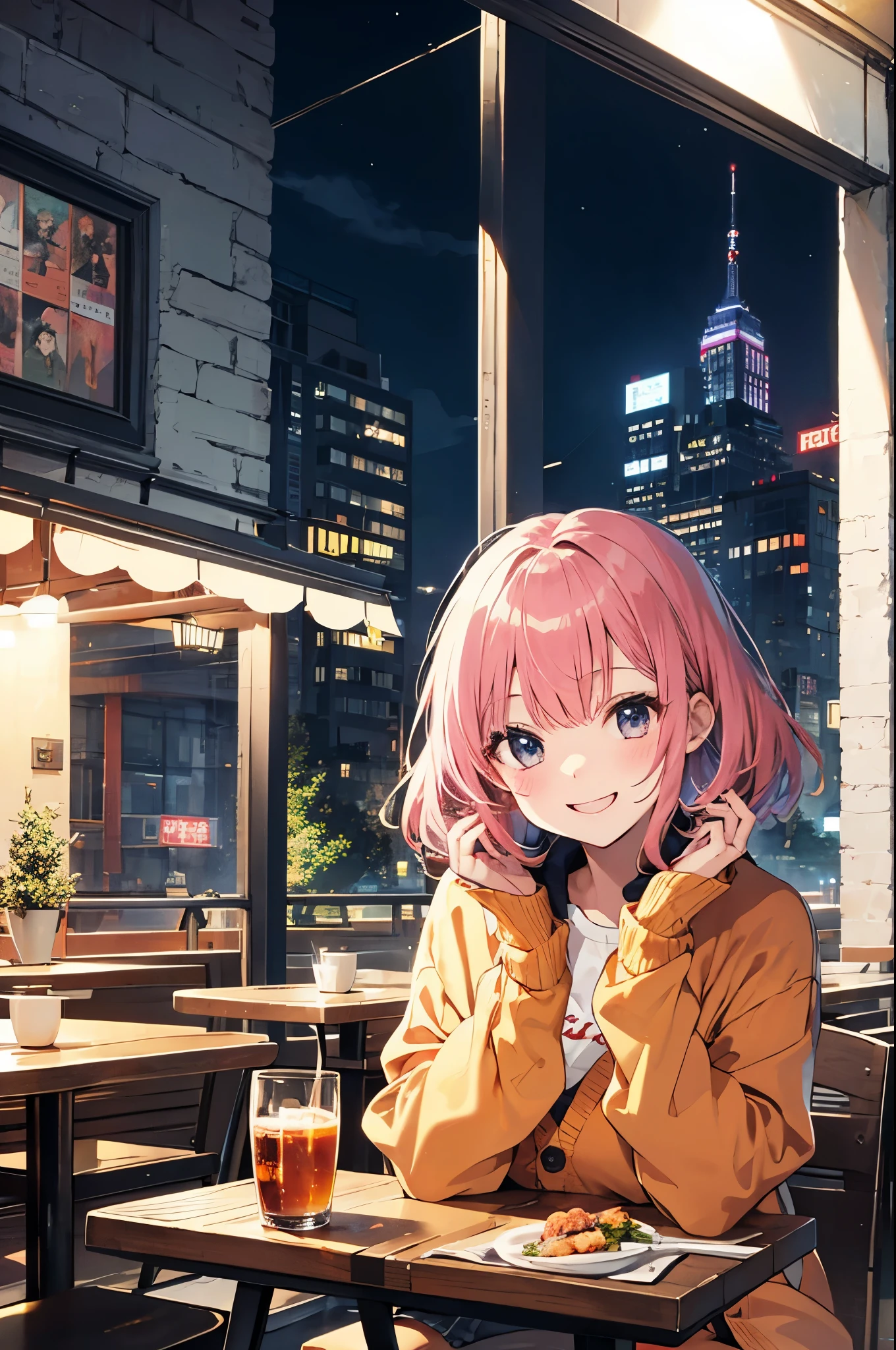 （Pretty sister:1.3）、happy face,spring atmosphere、Orange cardigan、night、aggressive、hot、pink hair、restaurant