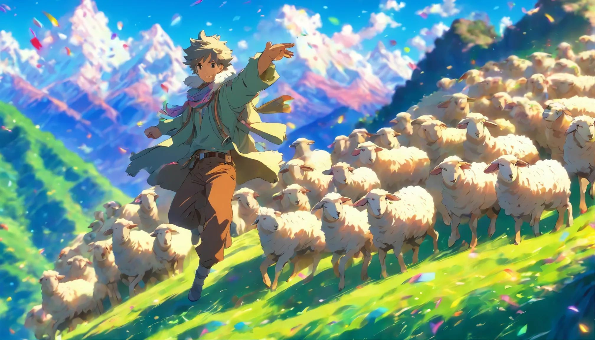 shepherd with sheep dancing disco on the mountainside 