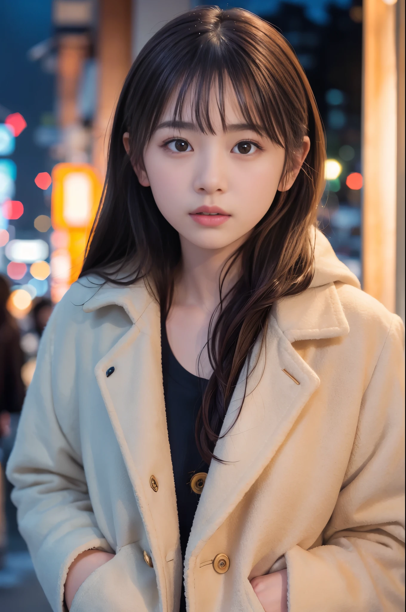  (8K, RAW photo, highest quality, masterpiece:1.3), (realistic, photo-realistic:1.4), (extremely detailed 8K wallpaper), sharp focus, Depth of bounds written,
 japanese idol,Super cute,10 years old ,(coat: 1.3),(long hair and straight hair :1.3 ), Upper body, highly detailed face and eyes,(shiny skin:1.2),cinematic lighting, soft light, blur background, Bokeh , (model pose :1.3), Urban winter night scene, streets lined with snow, warm lights from shop windows, people in heavy coats walking, snowflakes gently falling, a cozy and bustling atmosphere