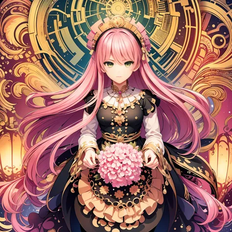 (masterpiece, highest quality, highest quality, official art, beautiful and aesthetic:1.2), (1 girl), very detailed,(fractal art:1.3),colorful,most detailed, green eyes, pink hair
