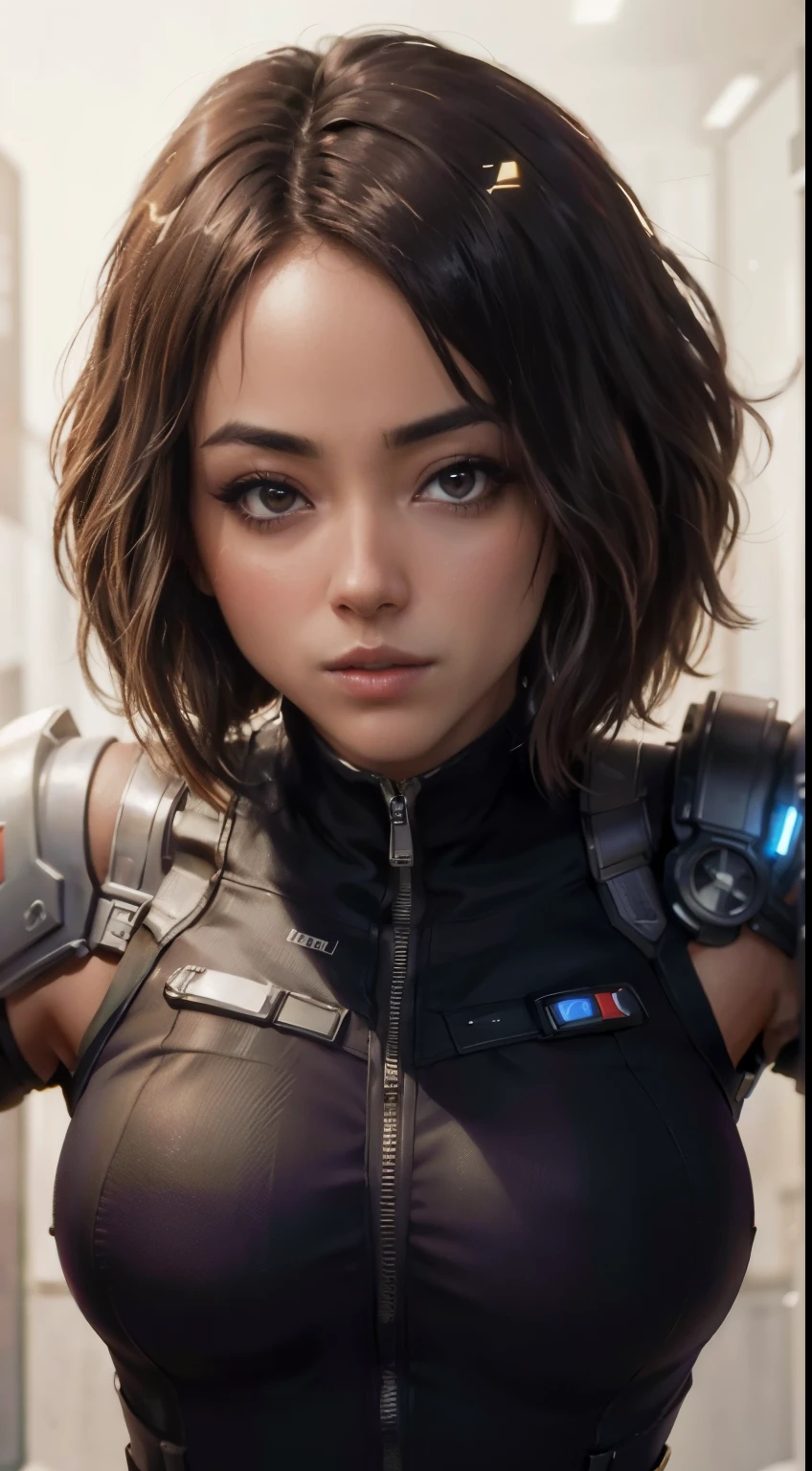 Daisy Johnson nua,Nu ,peito pendurado como capitão de uma nave espacial, Cidade do Futuro, (inspirado em efeito de massa), Peça de armadura, classificação de segurança, nádegas grossas, calça de couro, Quadris justos (8K, Foto crua, fotorrealista: 1, 25), (muito brilho labial, muitos cílios, melhor qualidade, Ultra alta resolução, profundidade de campo, Aberração cromática, luz ampla, Cor Natural, imagens distantes (1:2)