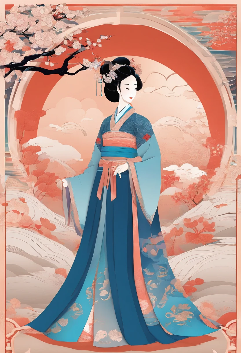 masterpiece, A Chiense woman in a hanfu, beautiful render of a fairytale, in the style of paper art, painting of beautiful, beautiful as the moon, very intricate masterpiece, painted metal, beautiful intricate masterpiece, multiple layers, Mysterious, Ancient China background, blue
