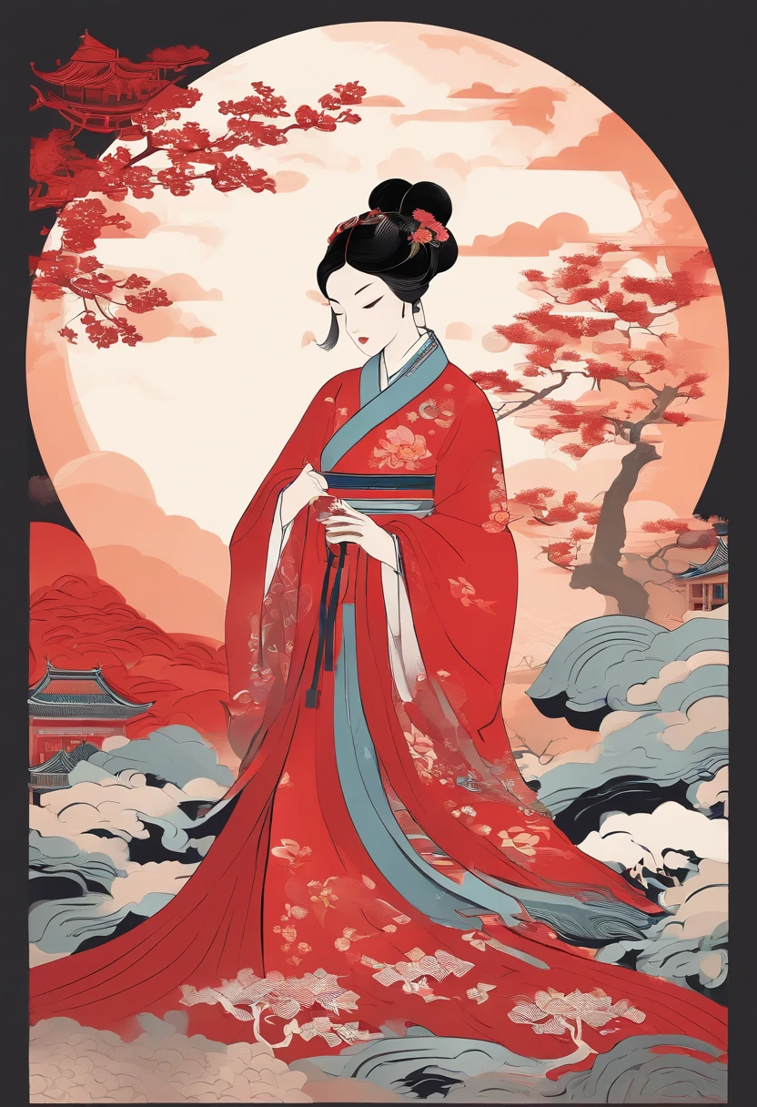 masterpiece, A Chiense woman in a hanfu, beautiful render of a fairytale, in the style of paper art, painting of beautiful, beautiful as the moon, very intricate masterpiece, painted metal, beautiful intricate masterpiece, multiple layers, Mysterious, Ancient China background, red
