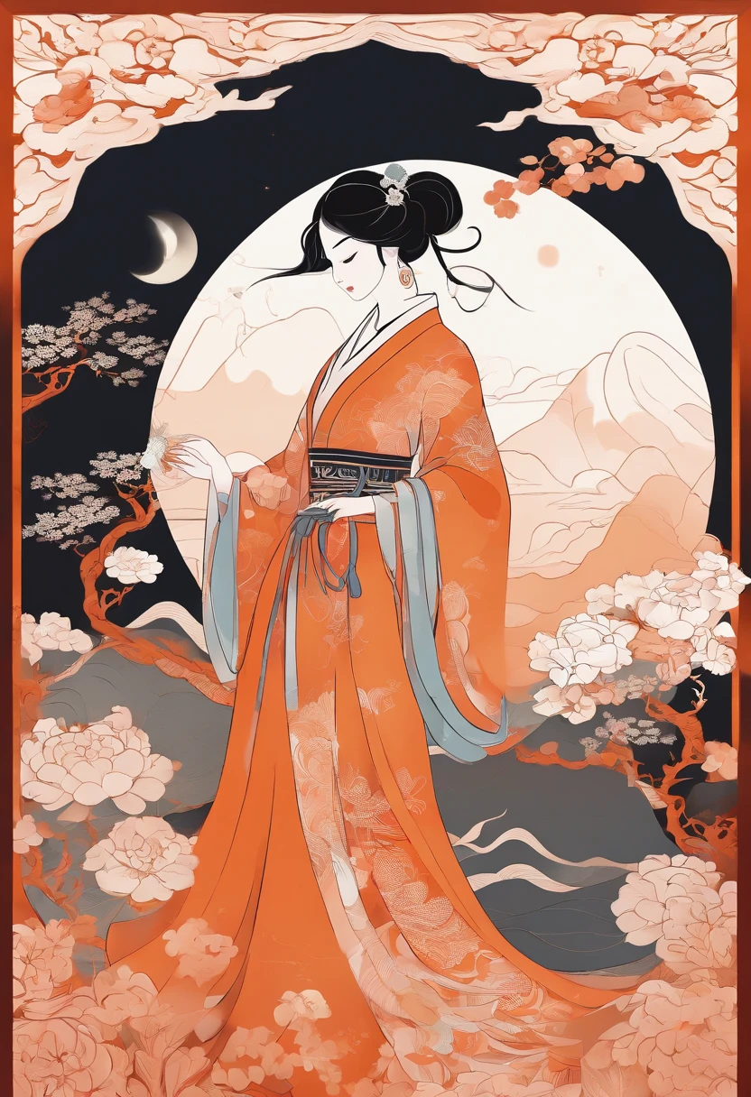 masterpiece, A Chiense woman in a hanfu, beautiful render of a fairytale, in the style of paper art, painting of beautiful, beautiful as the moon, very intricate masterpiece, painted metal, beautiful intricate masterpiece, multiple layers, Mysterious, Ancient China background, red
