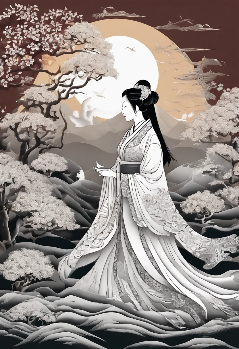 masterpiece, A Chiense woman in a hanfu, beautiful render of a fairytale, in the style of paper art, painting of beautiful, beautiful as the moon, very intricate masterpiece, painted metal, beautiful intricate masterpiece, multiple layers, Mysterious, Ancient China background, red
