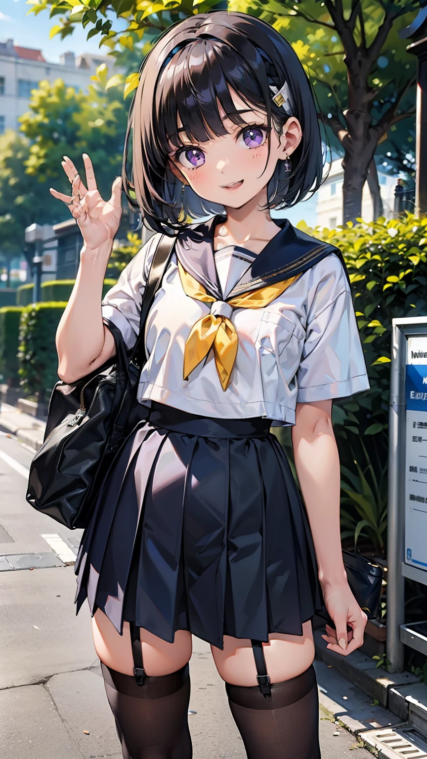 sailor suit, one woman, (a beauty woman, delicate :1.3), black hair, bob cut, Bangs Patsun, 8k, highest quality, masterpiece, Super detailed, ultra high resolution, realistic, RAW photo, absolute resolution, small face compared to body (4:1), very small face (4:1), The face is balanced, black hair, sailor suit, Dark blue skirt, Realistic high school girl, ((white headband)), small breasts, tall, slanted eyes, purple eyes, (In front of the school gate), (black stockings), open your mouth, smile, stand, school bag, wave to the camera, 
