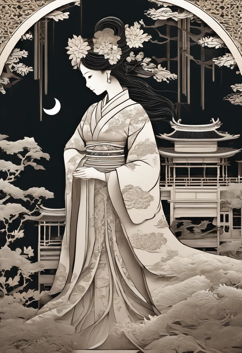 masterpiece, A Chiense woman in a hanfu, beautiful render of a fairytale, in the style of paper art, painting of beautiful, beautiful as the moon, very intricate masterpiece, painted metal, beautiful intricate masterpiece, multiple layers, Mysterious, Ancient China background, red
