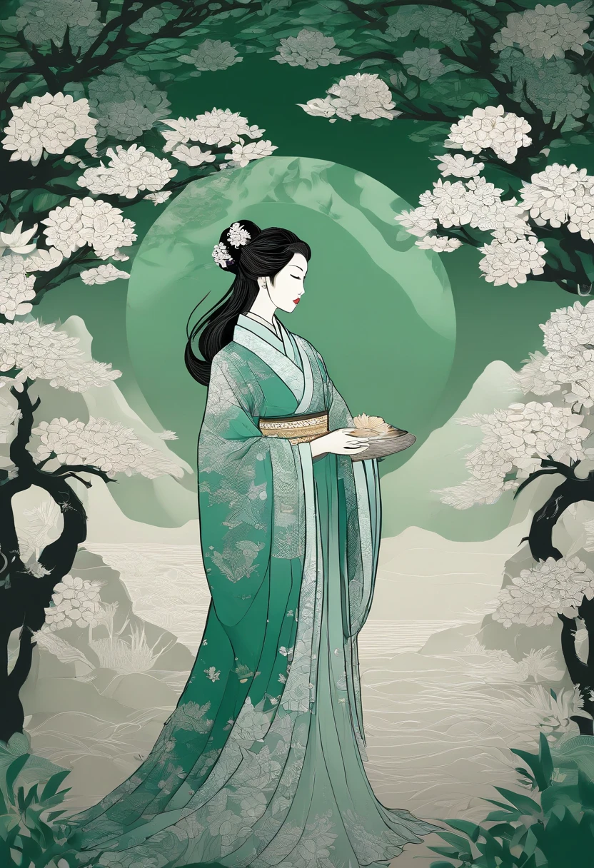 masterpiece, A Chiense woman in a hanfu, beautiful render of a fairytale, in the style of paper art, painting of beautiful, beautiful as the moon, very intricate masterpiece, painted metal, beautiful intricate masterpiece, multiple layers, Mysterious, Ancient China background, green
