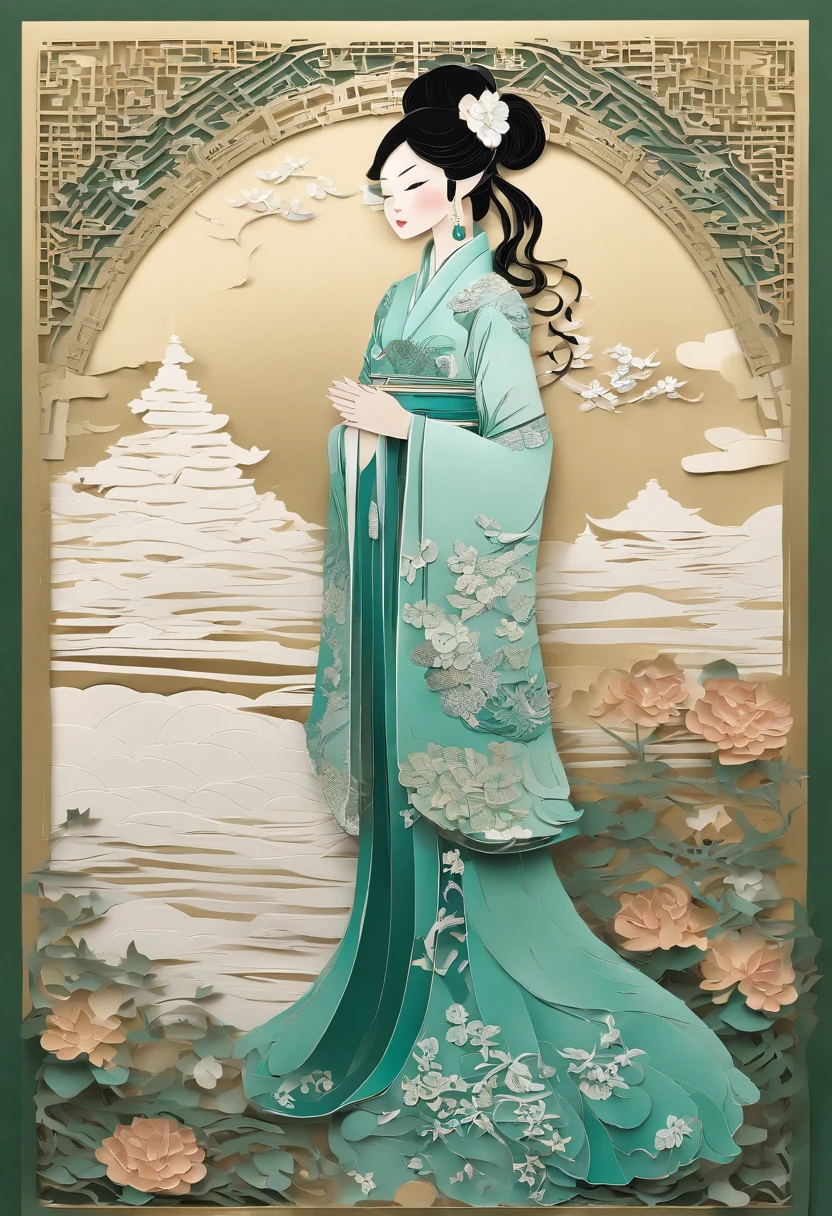 masterpiece, A Chiense woman in a hanfu, beautiful render of a fairytale, in the style of paper art, painting of beautiful, beautiful as the moon, very intricate masterpiece, painted metal, beautiful intricate masterpiece, multiple layers, Mysterious, Ancient China background, green
