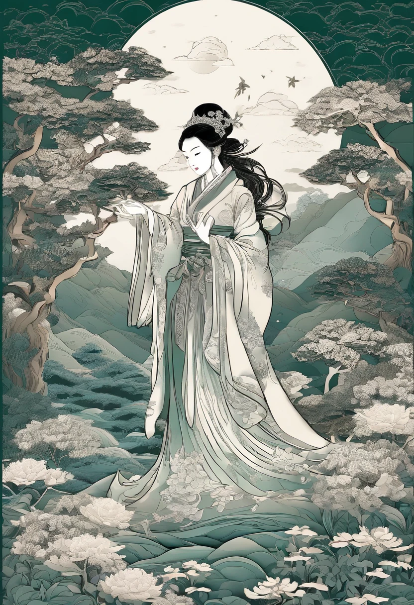 masterpiece, A Chiense woman in a hanfu, beautiful render of a fairytale, in the style of paper art, painting of beautiful, beautiful as the moon, very intricate masterpiece, painted metal, beautiful intricate masterpiece, multiple layers, Mysterious, Ancient China background, green
