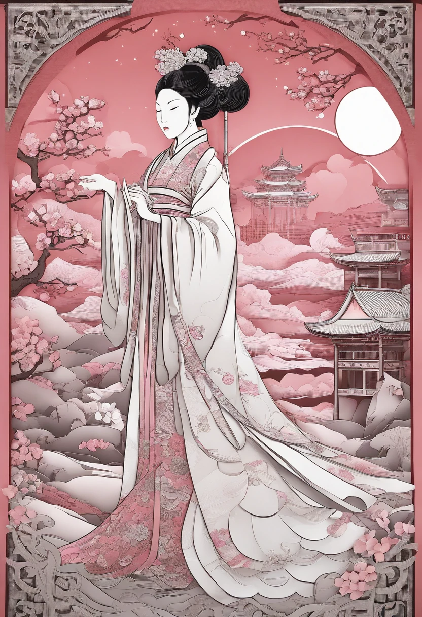 masterpiece, A Chiense woman in a hanfu, beautiful render of a fairytale, in the style of paper art, painting of beautiful, beautiful as the moon, very intricate masterpiece, painted metal, beautiful intricate masterpiece, multiple layers, Mysterious, Ancient China background, green
