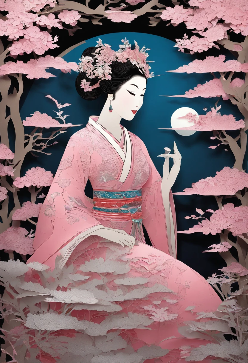 masterpiece, A Chiense woman in a hanfu, beautiful render of a fairytale, in the style of paper art, painting of beautiful, beautiful as the moon, very intricate masterpiece, painted metal, beautiful intricate masterpiece, multiple layers, Mysterious, Ancient China background, green
