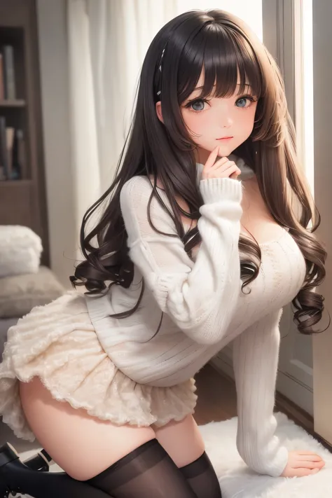 best quality, 32k, RAW photo, incredibly absurdres, extremely detailed, delicate texture, cute woman, (fluffy, flowing layered, side curling blow, bangs, glossy medium hair), wearing fluffy long-pile knit sweater, fluffy skirt, skirt lift, pantyhose, fluff...