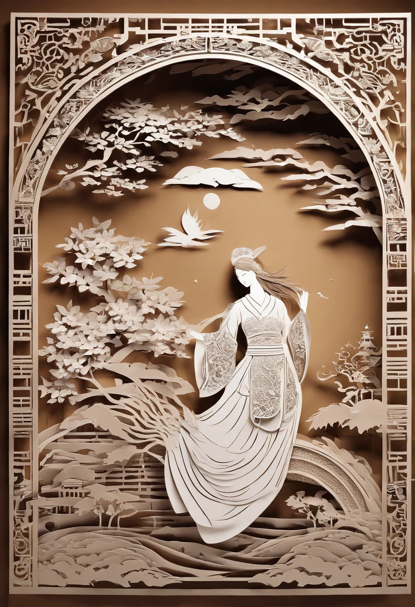 masterpiece, A Chiense woman in a hanfu, beautiful render of a fairytale, in the style of paper art, painting of beautiful, beautiful as the moon, very intricate masterpiece, painted metal, beautiful intricate masterpiece, multiple layers, Mysterious, Ancient China background, green
