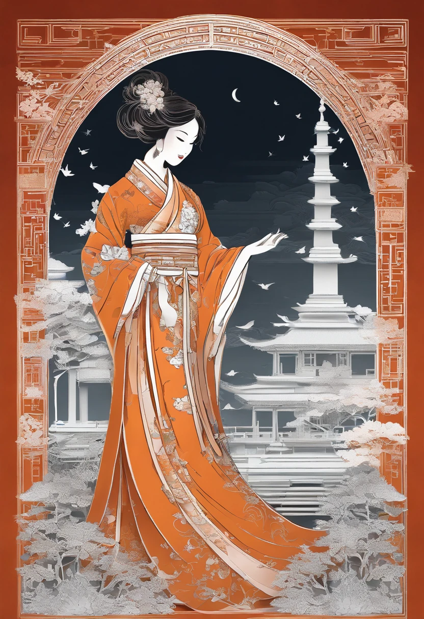 masterpiece, A Chiense woman in a hanfu, beautiful render of a fairytale, in the style of paper art, painting of beautiful, beautiful as the moon, very intricate masterpiece, painted metal, beautiful intricate masterpiece, multiple layers, Mysterious, Ancient China background, green
