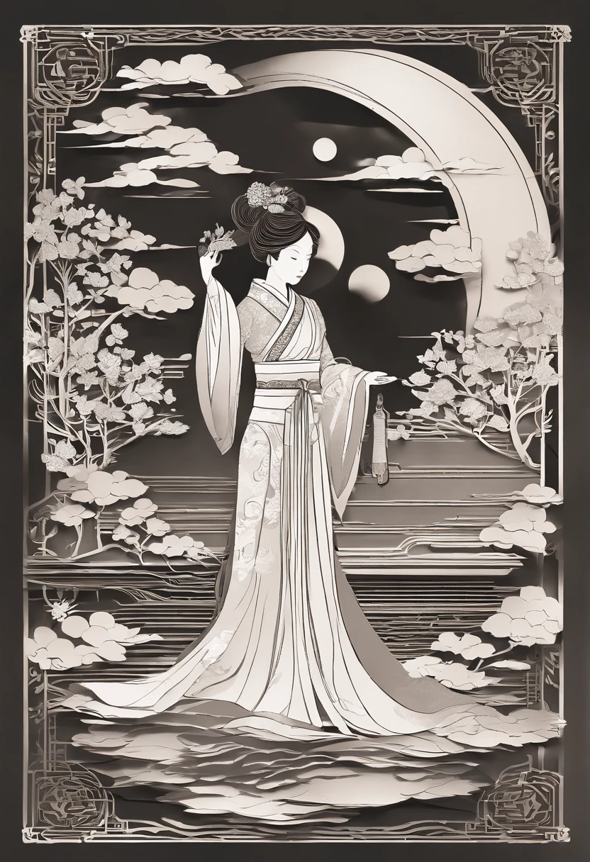 masterpiece, A Chiense woman in a hanfu, beautiful render of a fairytale, in the style of paper art, painting of beautiful, beautiful as the moon, very intricate masterpiece, painted metal, beautiful intricate masterpiece, multiple layers, Mysterious, Ancient China background, green
