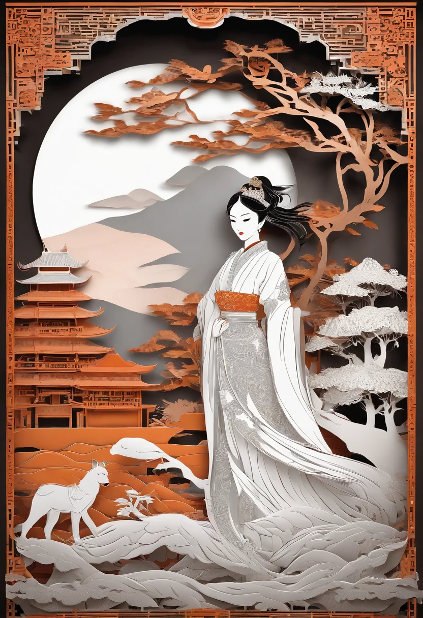 masterpiece, A Chiense woman in a hanfu, beautiful render of a fairytale, in the style of paper art, painting of beautiful, beautiful as the moon, very intricate masterpiece, painted metal, beautiful intricate masterpiece, multiple layers, Mysterious, Ancient China background, green
