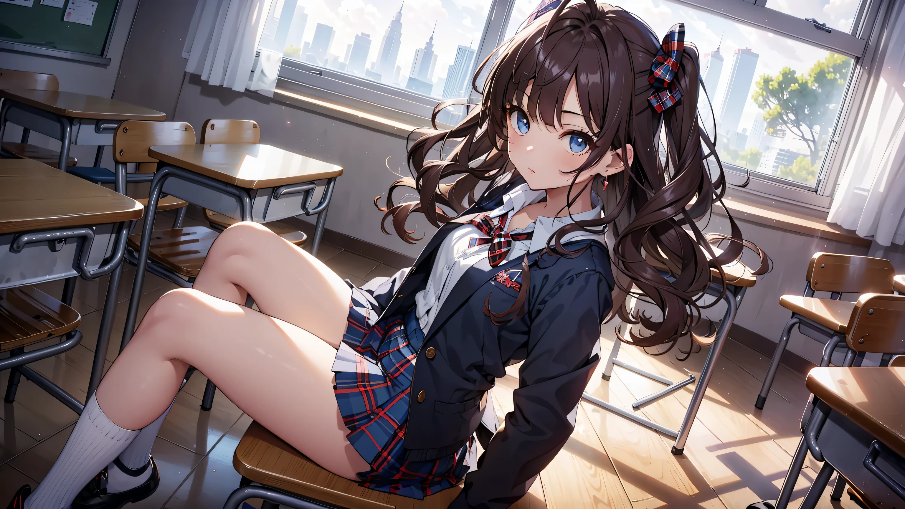 masterpiece, Best Quality, high resolution, Ichinose Shiki, idol master, by the wide, two sides up, hair bow, He drowned, medium breasts, earrings, sailor school uniform, school landscape background, classroom (Please draw a single A girl walking in a classroom school :1.3) ((1 girl)), (Alone, face,17-year-old:2.0), A high school student. Complete ends, full fingers, ((perfect fingers)), medium rear, ingle, Perfect eyes, American jacket Japanese uniform girl ((White blouse with formal collar, Blue blazer, The skirt is blue, red plaid bow on blouse)) (detailed lighting), (detailed background), (in the school zone), ((full body view)), ((standing)), ((legs)), Zapatos Uwabaki. beautiful single girl (A girl), Full body shot. The background is the school., front body ((walking, standing)). pretty eyelashes, make up, electric eyes, ((perfect shoes))
