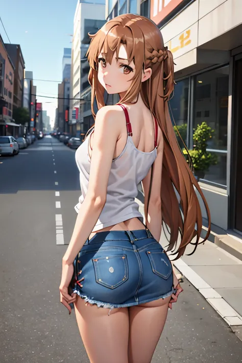 1girl in, Yuuki Asuna, Brown hair, Brown eyes, medium breasts, Long hair, braid, Kotovo,Denim ,Vintage 90's Downtown Girl Denim ...