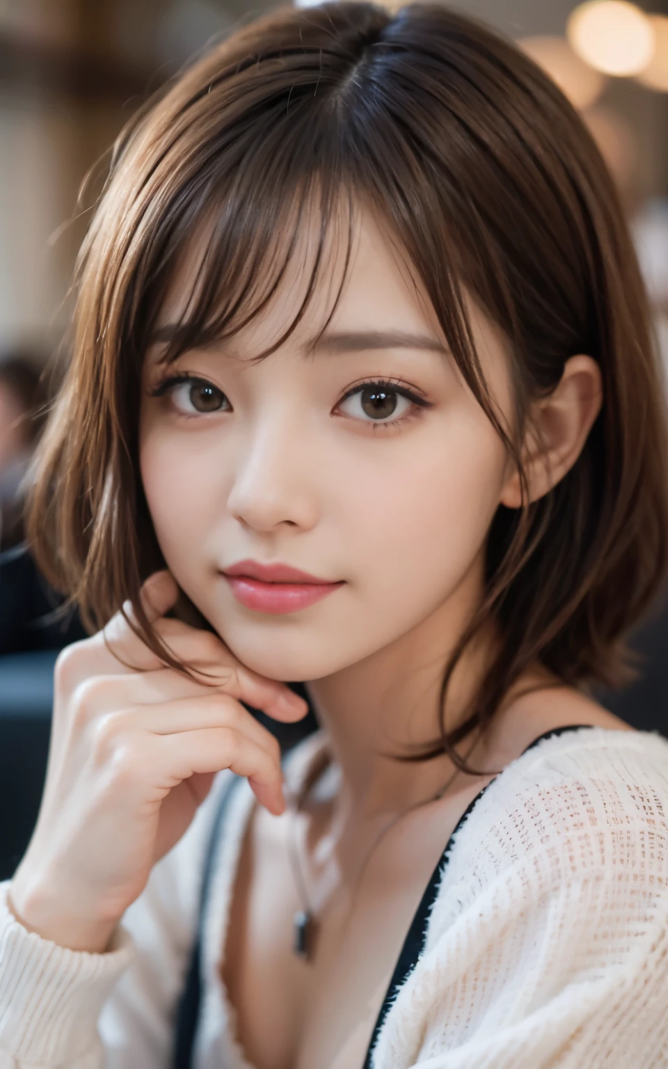 cute japanese 21 years old、nice cafe、attention to detail、double eyelid、beautiful thin nose、sharp focus:1.2、Beautiful woman:1.4、(light brown hair、short hair、) 、pure white skin、highest quality、masterpiece、超High resolution、(Photoreal:1.4)、High resolution, professional lighting、nice smile、show your whole body、cute fall clothes、plump chest、