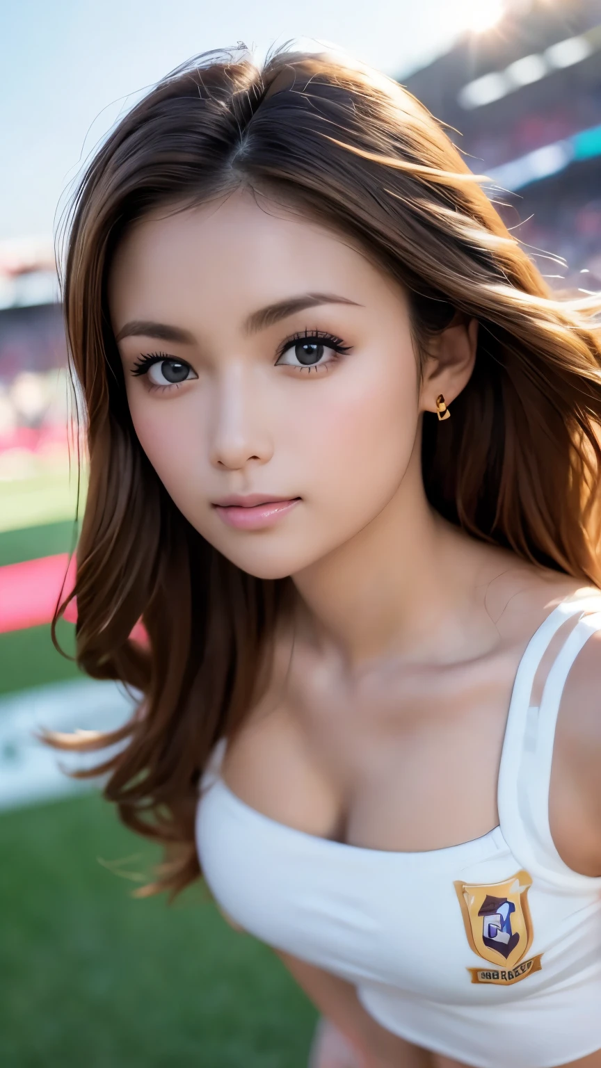 (table top, Photoreal:1.4, 8K), highest quality, masterpiece, ultra high resolution, perfect dynamic composition, big face, round face, (light brown hair:1.3, curly hair, ponytail), Highly detailed skin and facial textures:1.3, tanned skin:1.3, slender, perfect proportions, Medium chest:1.2, Detail of limbs,  Cute and sexy 22 year old cheerleader, (completely enchants you:0.9), (pom pom, cheerleader costume:1.6 white costume, pleated mini skirt),  (gal makeup, distant eyes, Eyes that feel beautiful eros:0.85), sexy face:0.4, (closed mouth, small mouth, thick lips, A taste of beautiful eroticism:0.85), (Too cute beauty:0.9), stadium, Lots of spectators, Lots of spectators, green grass, Wind, colorful lighting, (Taken from the side), (look at the camera), (Close-up:1.2), (show off your beautiful ears:1.3, sexy pose:1.1)