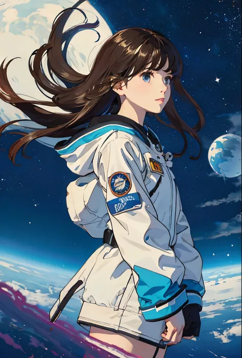 masterpiece, highest quality, girl is in space, Mysterious, wearing a space suit, outer space, planet, ((((floating))))、Milky Way、beautiful scenery