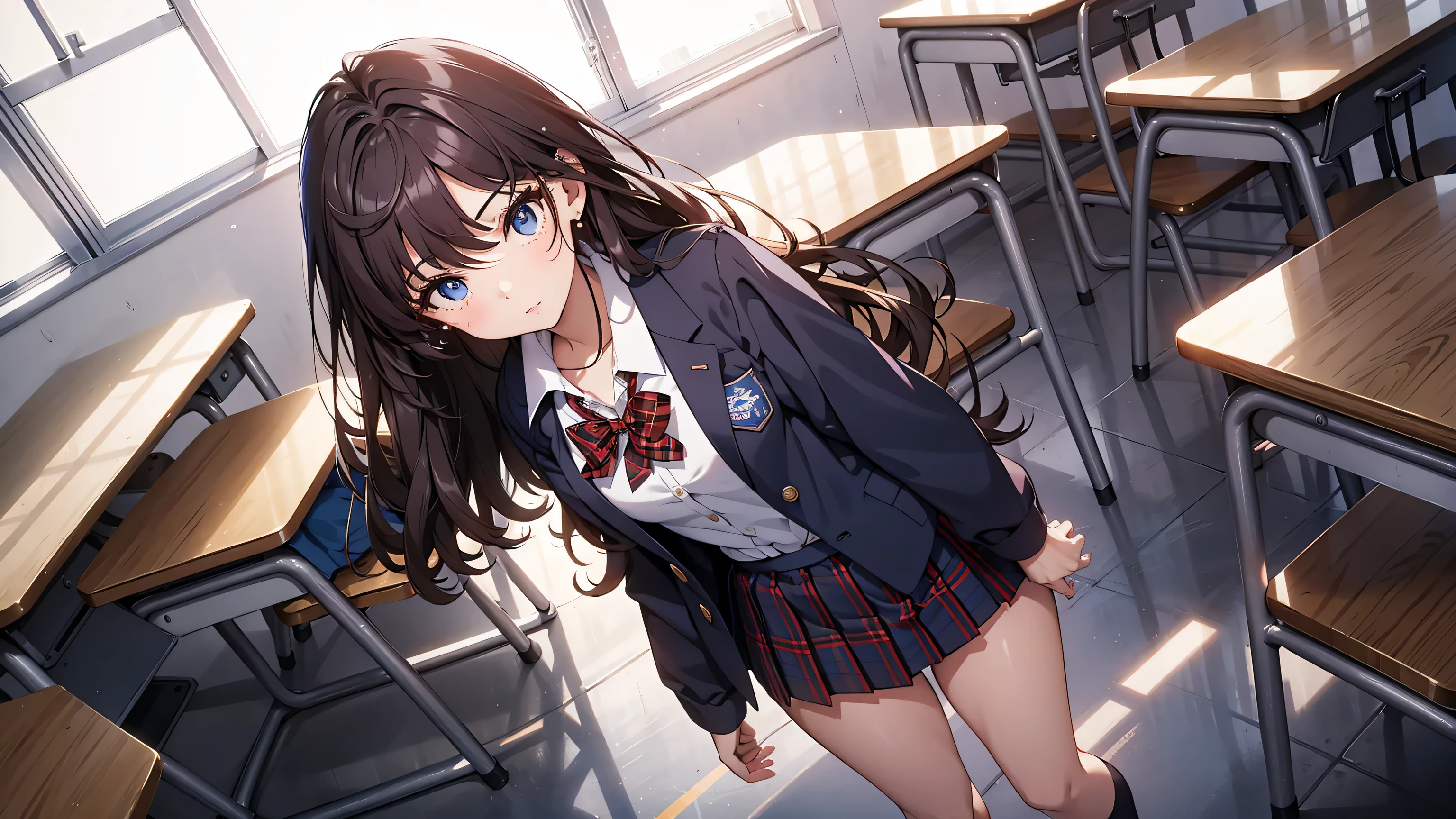 obra maestra, Mejor calidad, high resolution, Ichinose Shiki, idol master, pelo largo, dos lados hacia arriba, Lazo para el pelo, ahogo, pechos medianos, pendientes, uniforme escolar marinero, fondo de paisaje escolar, aula (Please draw a single una chica Caminando in a aula school :1.3) ((1 chica)), (Solo, rostro,17-year-old:2.0), un estudiante de secundaria. Extremidades completas, dedos completos, ((Dedos perfectos)), trasero mediano, ingle, ojos perfectos, American jacket Japanese uniform girl ((blusa blanca con cuello formal, Blazer azul, la falda es azul, lazo a cuadros rojos en la blusa)) (Detailed lighting), (antecedentes detallados), (en la zona escolar), ((vista de cuerpo completo)), ((de pie)), ((piernas)), zapatos uwabaki. hermosa chica soltera (una chica), Toma de cuerpo completo. El fondo es la escuela., cuerpo delantero ((Caminando, de pie)). pretty eyelashes, constituir, ojos electricos, ((zapatos perfectos))
