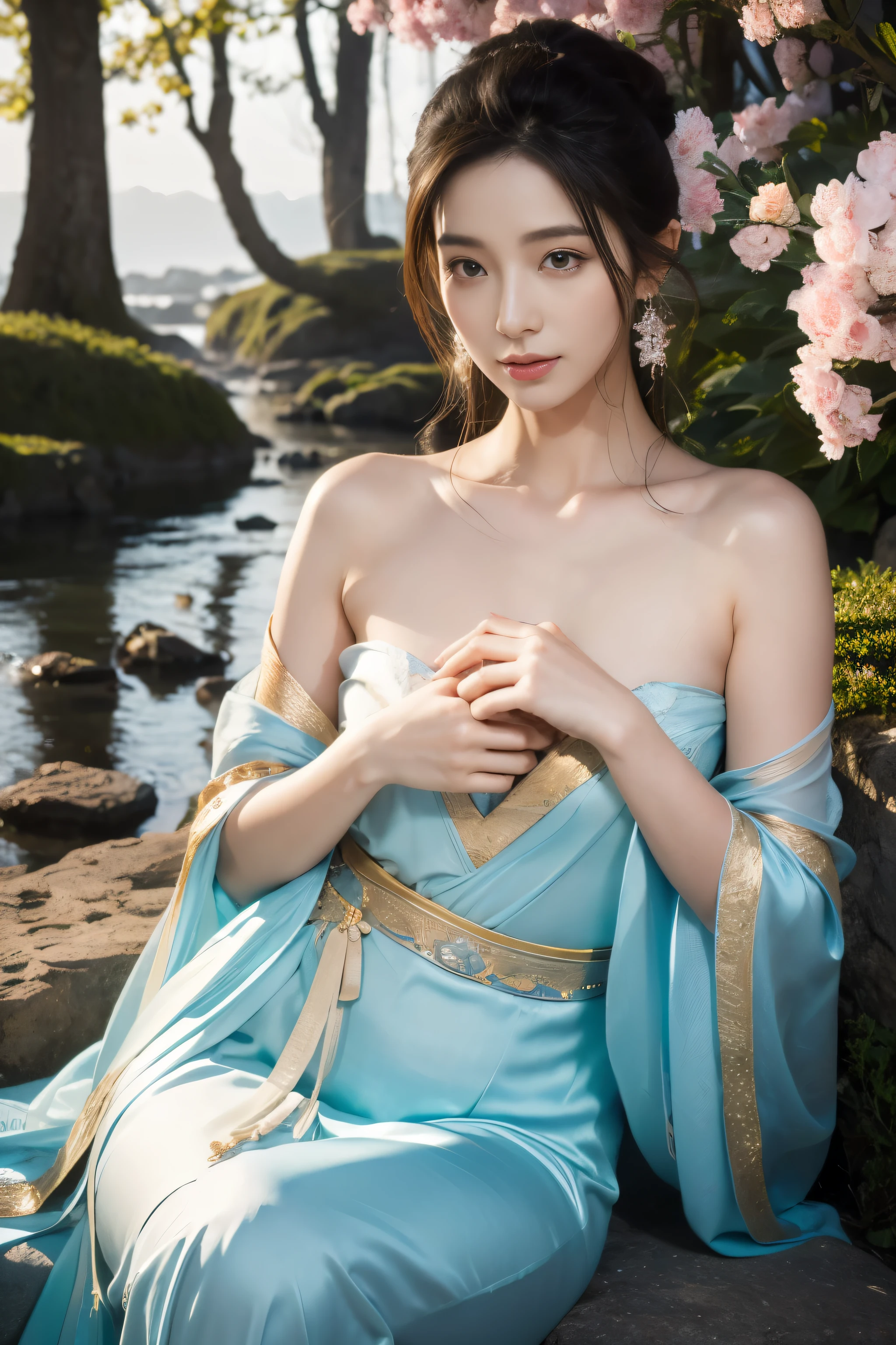 absolute beauty, Yumeijin, The face of the goddess, Heroine Xianxia, a lot of silk, (best quality,4K,8K,high resolution,masterpiece:1.2),Super detailed,(current,lifelike,Photo-realistic:1.37), human development report, ultra high definition, studio lightning, Ultra-fine painting, sharp focus, Physically based rendering, extremely detailed description, professional, bright colors, bokeh, you will bring, landscape, fear, cartoon, science fiction, photo, concept artist, bright colors, muted pastels, soft light, Ethereal atmosphere, Quiet environment, flowing water, blooming flowers, complex patterns, intricate hairstyle, exquisite jewelry, flowing clothes, elegant gesture, calm expression, shining & shiny skin, Limbs are long and slender, charming eyes, gentle smile, Exquisite makeup, mesmerizing backdrop, Mysterious creature, dynamic action, Supernatural powers, DazzlingEffects.