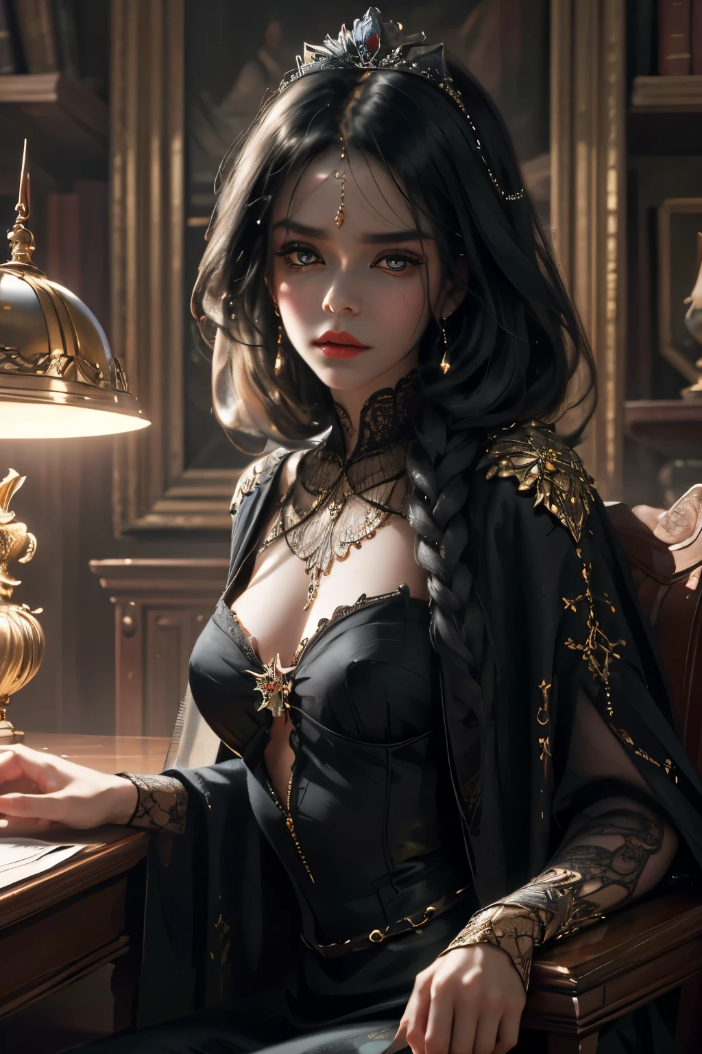 A mesmerizing oil painting portraying a regal woman in a dimly lit library, surrounded by towering bookshelves filled with leather-bound volumes. The queen sits upon an antique velvet armchair, her posture elegant and commanding. Her attire exudes dark academia vibes, with a flowing black dress adorned with intricate lace details. A crown rests gently on her head, accentuating her power and authority. The warm glow of a vintage desk lamp casts soft shadows, illuminating her face with a mysterious ambiance. The artist skillfully captures her piercing gaze, hinting at intelligence and wisdom beyond measure. Every brushstroke adds depth to her dark, wavy hair and her pale skin, creating a hauntingly beautiful portrait. The overall composition is reminiscent of classical portraits, blending realism with a touch of gothic elegance.