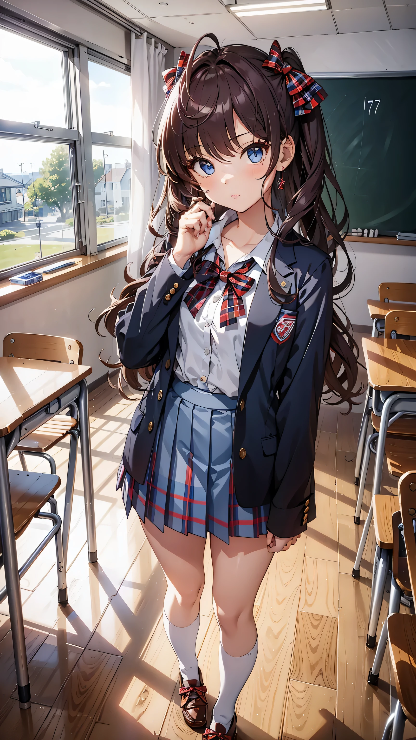 masterpiece, Best Quality, high resolution, Ichinose Shiki, idol master, by the wide, two sides up, hair bow, He drowned, medium breasts, earrings, sailor school uniform, school landscape background, classroom (Please draw a single A girl walking in a classroom school :1.3) ((1 girl)), (Alone, face,17-year-old:2.0), A high school student. Complete ends, full fingers, ((perfect fingers)), medium rear, ingle, Perfect eyes, American jacket Japanese uniform girl ((White blouse with formal collar, Blue blazer, blue plaid skirt, red plaid bow on blouse)) (detailed lighting), (detailed background), (in the school zone), ((full body view)), ((standing)), ((legs)), Zapatos Uwabaki. beautiful single girl (A girl), Full body shot. The background is the school., front body ((walking, standing)). pretty eyelashes, make up, electric eyes, ((perfect shoes))
