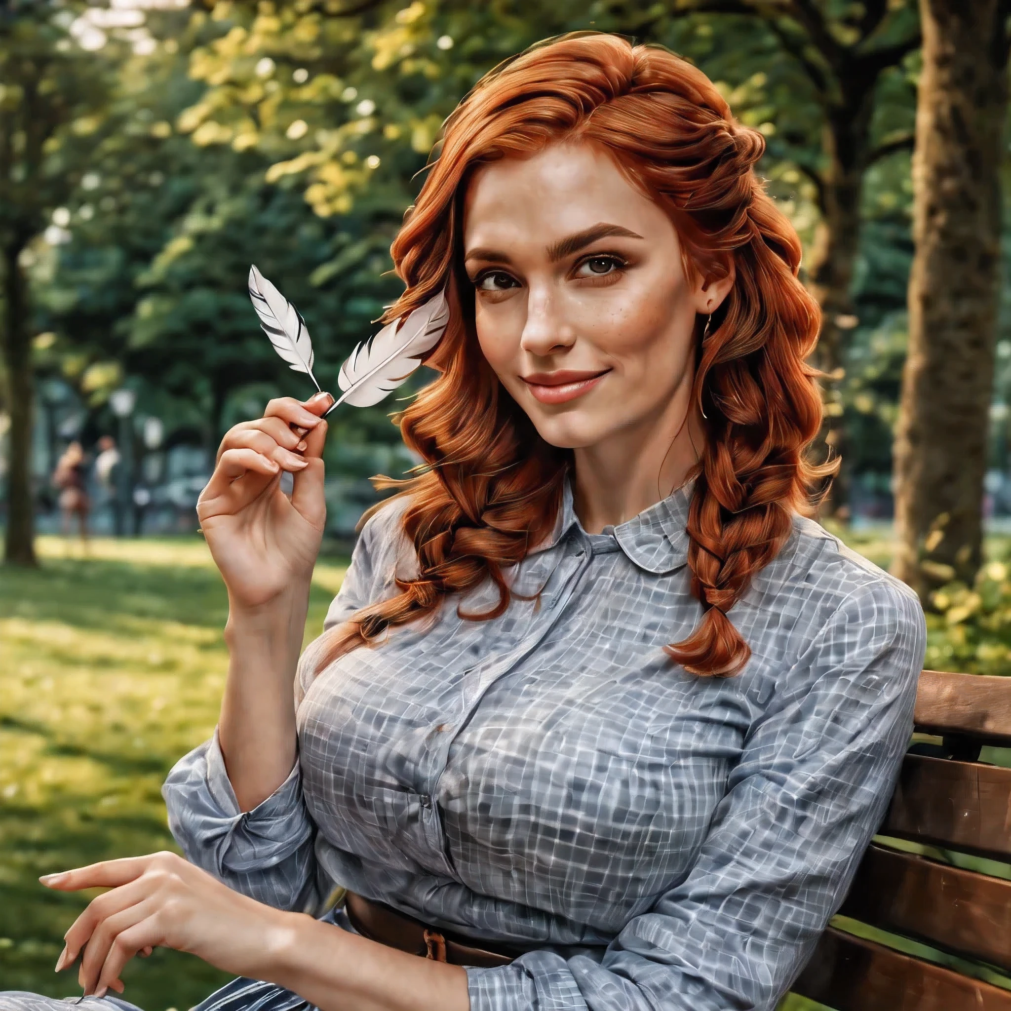 (photorealistic), a beautiful scottish woman sitting on a park bench, examining a feather she holds in her hand. Hand raised up, holding a feather with her fingers. She looks intently at the feather and smiles. She has brownish-red hair, made into a braid, high cheekbones, (dark eyebrows:0.8), (brown eyes:1.2), (downturned eyes:1.2), light skin with (freckles:0.8), voluptuous. She is wearing a blouse with large blue and white squares, grey skirt. Sneakers. She has a contemplative look on her face. Concentrated. (Highly detailed, intricate, best quality, 8k)