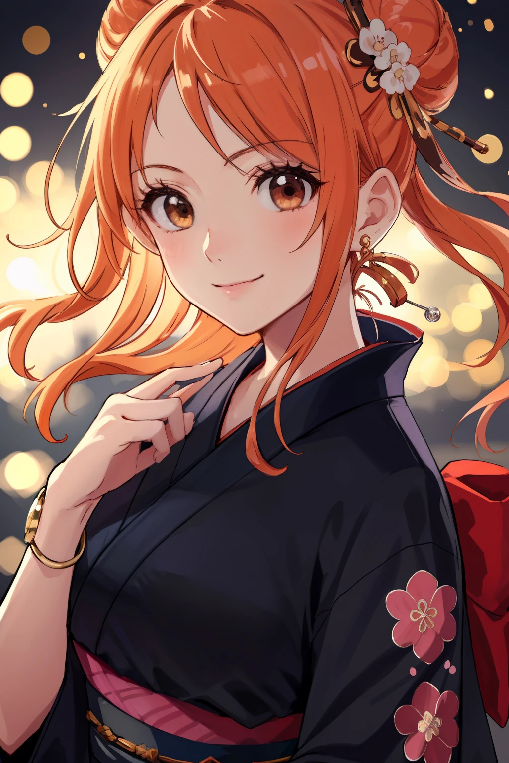 masterpiece, highest quality, 8K, ultra high resolution, highest quality, anime style, best writing, beautiful face, masterpiece, highest quality, 1 girl, alone, (bun hair:1.3), we \(one piece\), 1 girl, bangs, bracelet, chest, brown eyes, floating hair, jewelry, long hair, looking at the viewer, orange hair, smile, alone , (black kimono:1.3), (luxurious pattern:1.3), (hair ornaments:1.3), (hairpin:1.3), (extreme close up:1.3), In town