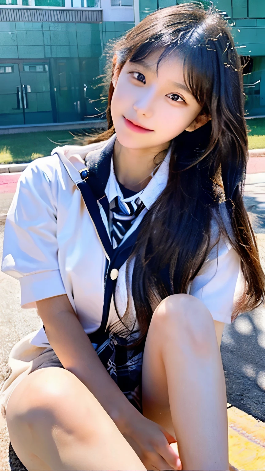 Araffe asian girl in uniform sitting on curb with her legs crossed - SeaArt  AI