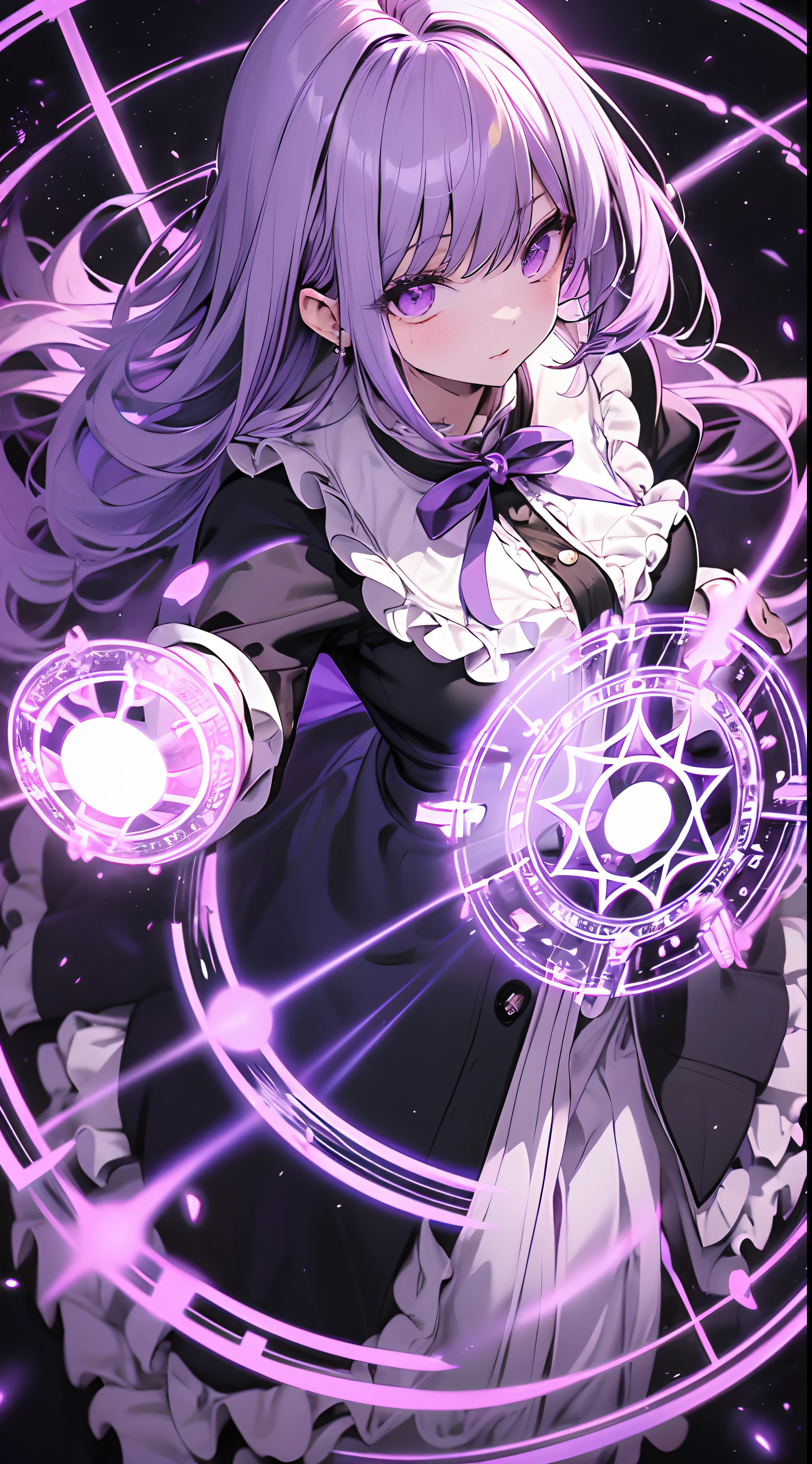 Anime girl aux cheveux violets tenant un orbe violet devant un fond noir -  SeaArt AI