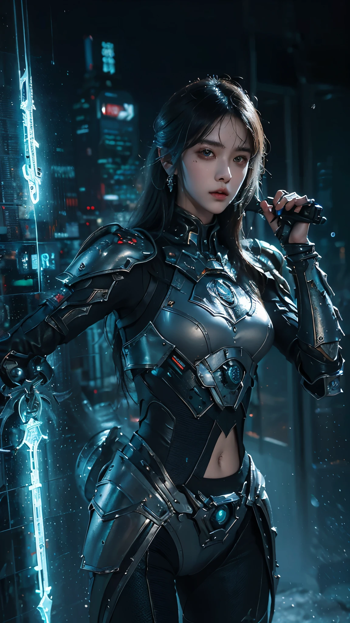 tmasterpiece,Best quality,A high resolution,8K,(Portrait photograph:1.5),(ROriginal photo),real photograph,digital photography,(Combination of cyberpunk and fantasy style),(Female soldier),20-year-old girl,random hair style,By bangs,(Red eyeigchest, accessories,Keep one's mouth shut,elegant and charming,Serious and arrogant,Calm and handsome,(Cyberpunk combined with fantasy style clothing,Openwork design,joint armor,Combat uniformposing your navel,Photo pose,Realisticstyle,gray world background,oc render reflection texture