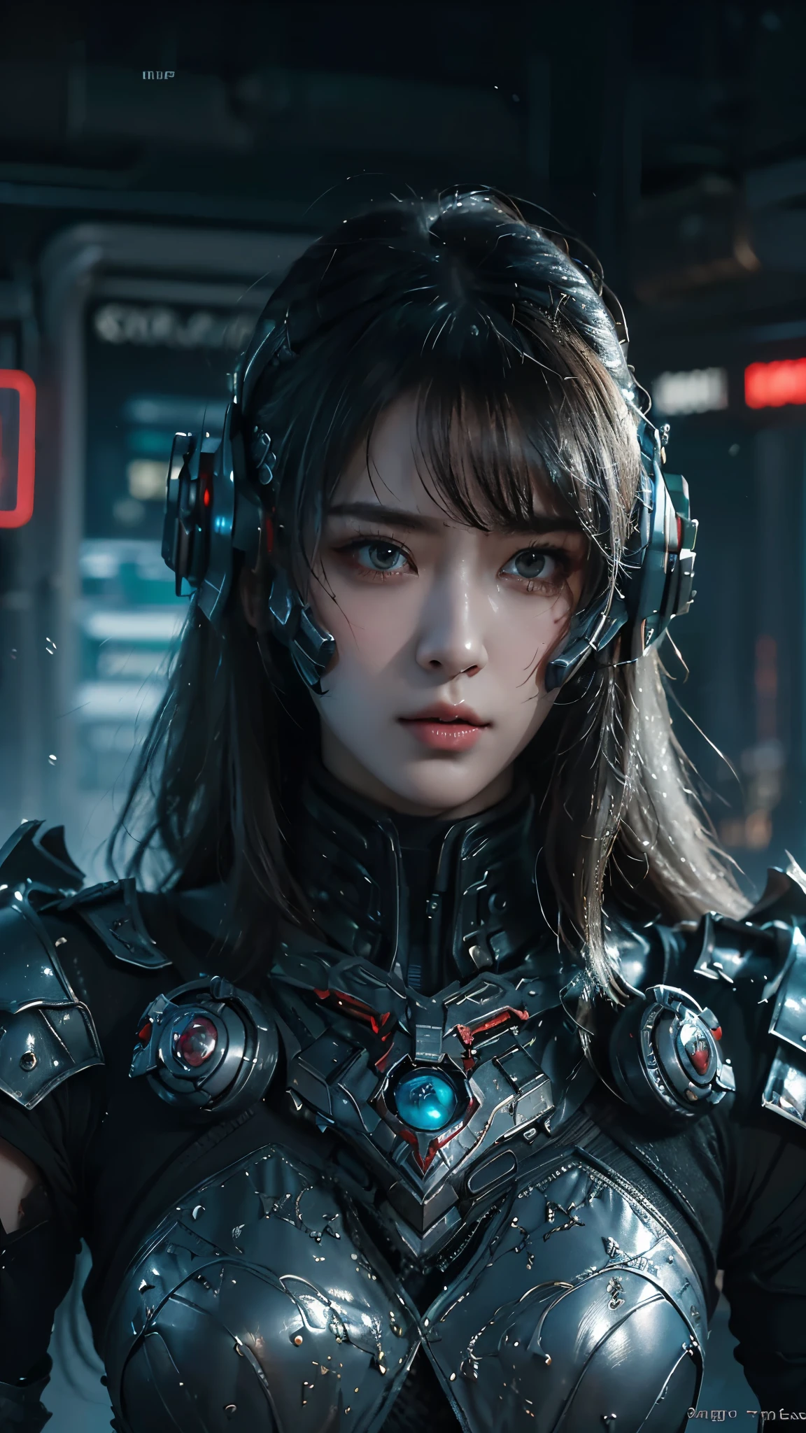 tmasterpiece,Best quality,A high resolution,8K,(Portrait photograph:1.5),(ROriginal photo),real photograph,digital photography,(Combination of cyberpunk and fantasy style),(Female soldier),20-year-old girl,random hair style,By bangs,(Red eyeigchest, accessories,Keep one's mouth shut,elegant and charming,Serious and arrogant,Calm and handsome,(Cyberpunk combined with fantasy style clothing,Openwork design,joint armor,Combat uniformposing your navel,Photo pose,Realisticstyle,gray world background,oc render reflection texture