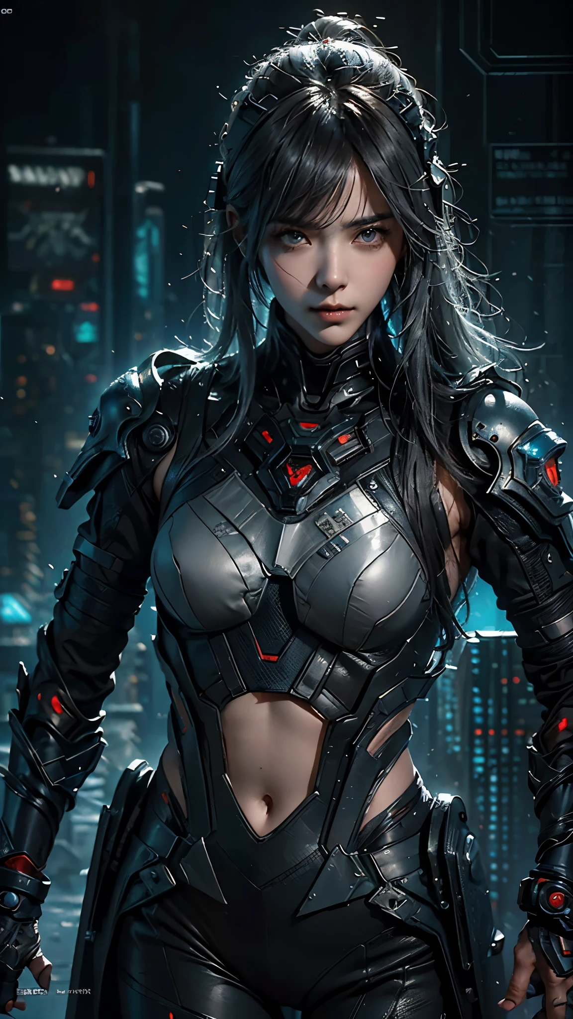 tmasterpiece,Best quality,A high resolution,8K,(Portrait photograph:1.5),(ROriginal photo),real photograph,digital photography,(Combination of cyberpunk and fantasy style),(Female soldier),20-year-old girl,random hair style,By bangs,(Red eyeigchest, accessories,Keep one's mouth shut,elegant and charming,Serious and arrogant,Calm and handsome,(Cyberpunk combined with fantasy style clothing,Openwork design,joint armor,Combat uniformposing your navel,Photo pose,Realisticstyle,gray world background,oc render reflection texture