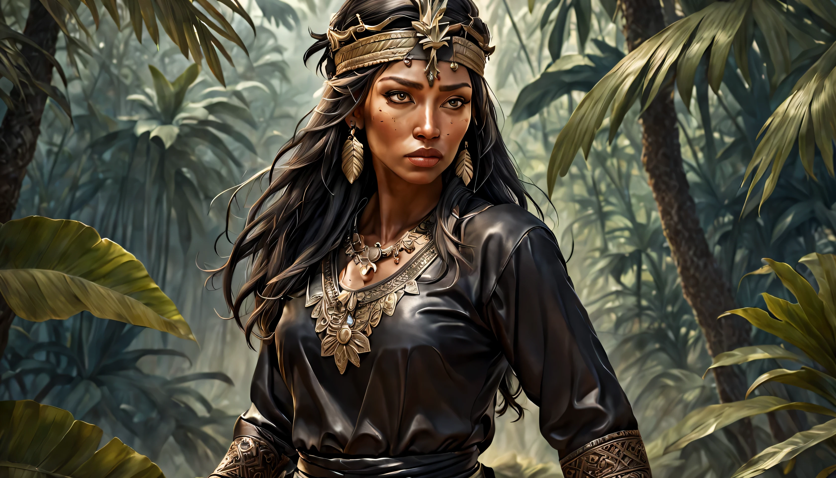 create animated character of mature woman. age 40. long hair. rugged face. wearing black ethnic warrior outfit. intricate details. wearing side at his waist, with malays destar on his head. performing silat martial arts in a tropical jungle background, smoke, hyper realistic image. highly detailed, (intricate details), hdr, (intricate details, hyper detailed:1.2), extremely high-resolution details, photographic, realism pushed to extreme details, fine texture, incredibly life like.