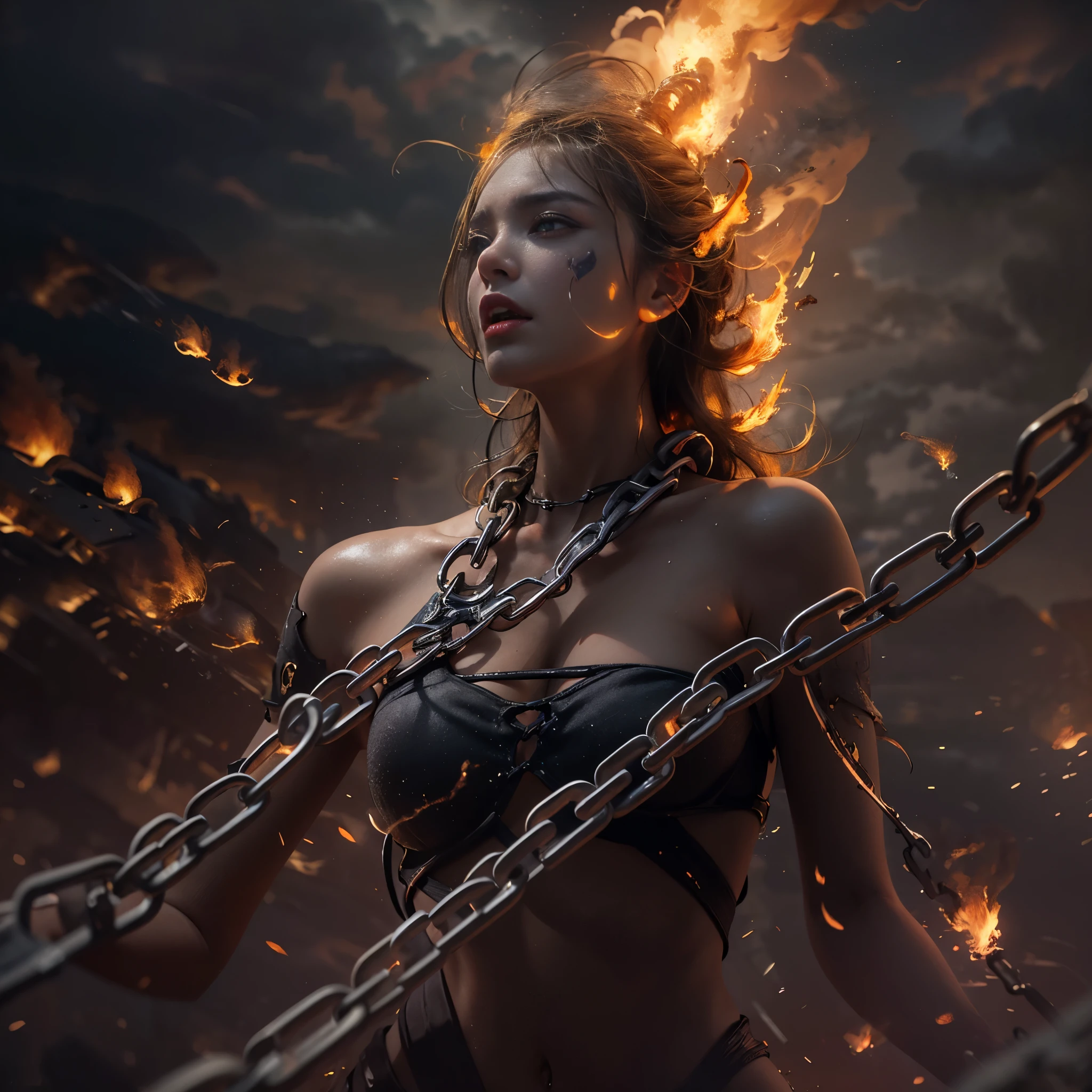 (best quality,4k,8k,highres,masterpiece:1.2),ultra-detailed,(realistic,photorealistic,photo-realistic:1.37),female giantess chained and wrapped in burning chains,view from below,illustration,metallic texture,demonic atmosphere,massive figure,wielding immense power,melting chains,scorching heat,rays of light piercing through the cracks,fierce determination,ominous shadows,exquisite detailing,steaming heat waves,smoke rising,fiery glow,fireworks-like sparks,dramatic composition,dark fantasy,emerald flames,ferocious expression,glowing eyes,burning tattoos,fiery destruction,apocalyptic scene,crumbling ruins,distant flames,molten lava,giant footsteps shaking the ground,awe-inspiring presence,unstoppable force,battlefield devastation,constantly growing in size,threatening clouds looming above,crimson danger,indomitable spirit,enchanted chains,tormented anguished expression,majestic and fearsome,stunningly beautiful,demonic transformation,transcendent power,untamed chaos,ferocious determination,storm of fire and fury