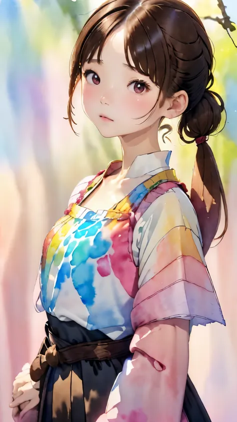 (((bright colored watercolor style background:1.2)))、one girl、１６talent、anatomy、small face、small、small鼻、pale pink eyes、loosely br...