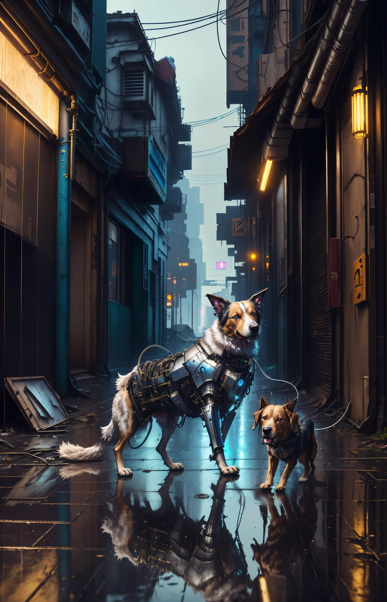 dog in cyber silver armor, on abandoned building, messy floor, cyberpunk technology, cables jaunting, lens flare, by Mathias Kollros, by Julia Pishtar, modeling photography, olivia de bernardinis, by steven belledin, alina ivanchenko, night raining, wet street