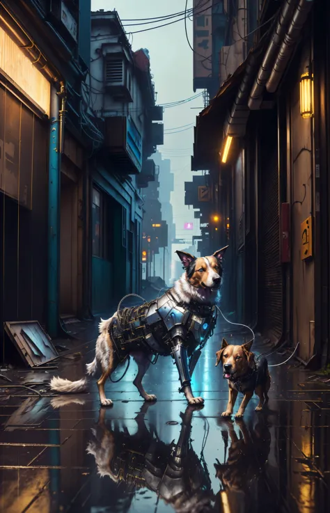 dog in cyber silver armor, on abandoned building, messy floor, cyberpunk technology, cables jaunting, lens flare, by mathias kol...