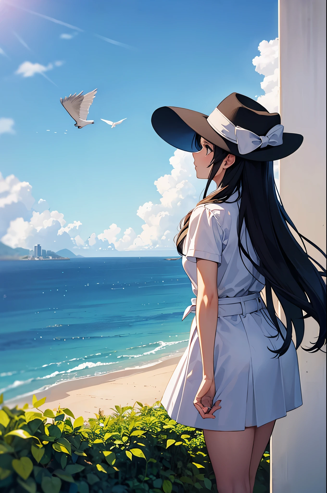 A woman looking down on the city from a hill overlooking the ocean　I&#39;m holding down my hat, which looks like it&#39;s going to fly away in the wind.