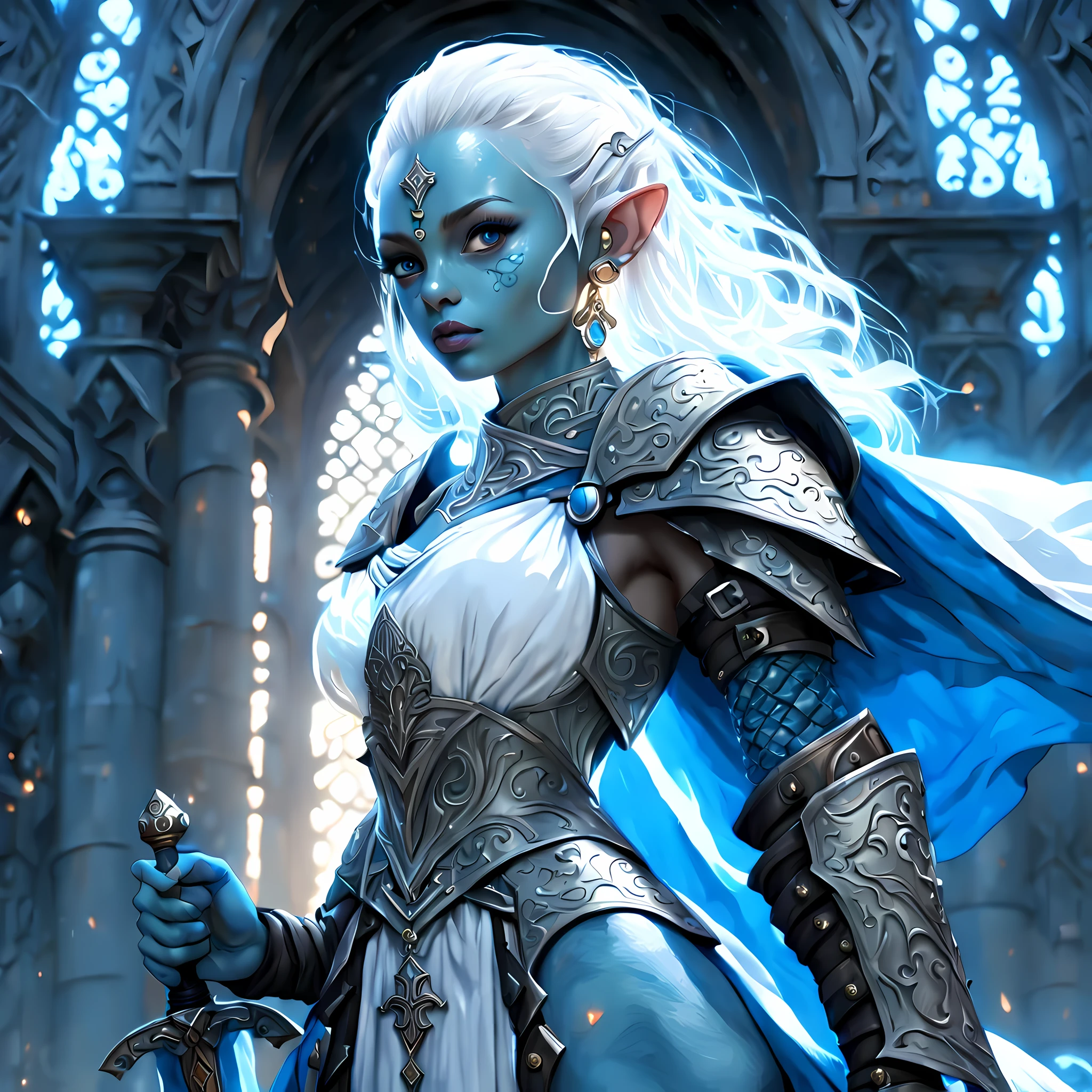 fantasy art, dnd art, RPG art, wide shot, (masterpiece: 1.4) a (portrait: 1.3) intense details, highly detailed, photorealistic, best quality, highres, portrait a female (fantasy art, Masterpiece, best quality: 1.3) ((blue skin: 1.5)), intense details facial details, exquisite beauty, (fantasy art, Masterpiece, best quality) cleric, (blue: 1.3) skinned female, (white hair: 1.3), bald head (green: 1.3) eye, fantasy art, Masterpiece, best quality) armed a fiery sword red fire, wearing heavy (white: 1.3) half plate mail armor, wearing high heeled laced boots, wearing an(orange :1.3) cloak, wearing glowing holy symbol GlowingRunes_yellow, within fantasy temple background, reflection light, high details, best quality, 16k, [ultra detailed], masterpiece, best quality, (extremely detailed), close up, ultra wide shot, photorealistic, RAW, fantasy art, dnd art, fantasy art, realistic art,((best quality)), ((masterpiece)), (detailed), perfect face, ((no ears: 1.6))