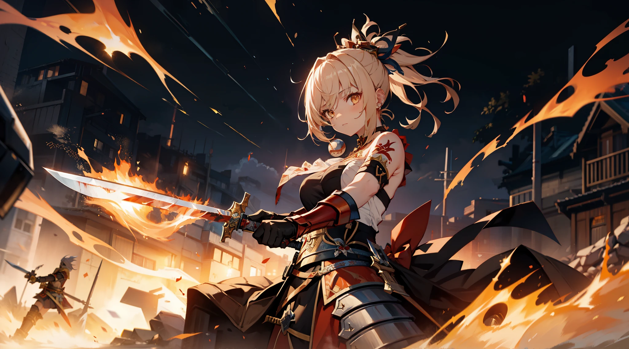 1 girl, figure, Yoimiya, knife, sword, warrior, armor, Blood, battlescars, god, force, fire, combustion, Boss Fights, dark, bad, forceful, war,masterpiece,（Highest image quality）,炎を纏ったknife,Sparkling blade