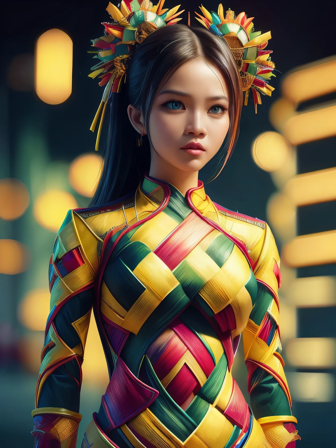An Indonesian-styled futuristic suit worn by a girl depicting cultural fusion and modern fashion. The suit is adorned with intricate patterns and vibrant colors, showcasing the rich heritage of Indonesia. The girl stands confidently in a dynamic pose, with her detailed eyes reflecting determination and curiosity. The suit's material is a combination of traditional textiles and futuristic synthetic fabrics, giving it a unique and avant-garde appearance. The overall image quality is of the highest standard, with sharp focus and ultra-detailed rendering. The artwork employs physically-based rendering techniques, resulting in realistic lighting and shadows. The colors are vivid and vibrant, capturing the essence of Indonesian cultural aesthetics. The background features a fusion of modern architecture and traditional elements, creating a harmonious blend of the past and the future. The prompt explores the intersection of Indonesian culture, futuristic design, and the artistic representation of a confident girl.