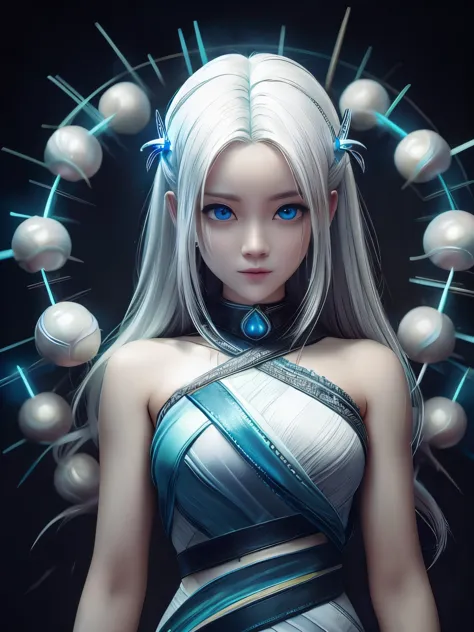 ((upper body)), best quality, masterpiece, a Japanese woman with ((Luminescence white hair)), ((detailed pearl blue eye)), high detailed goddess soul, focus on character, solo, (style swirl magic), solo, from front, front view, looking at viewer, detailed ...